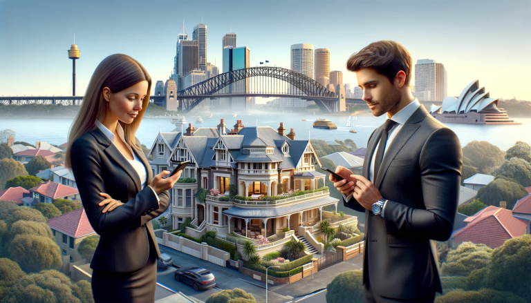 Real estate agents on the phone with Sydney Harbour Bridge in Background